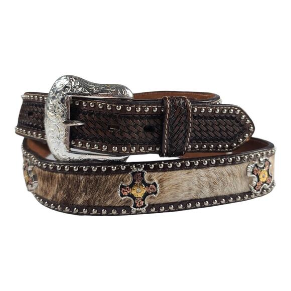 Ranger Belt Company Brown Black Silver Tone Cross Conchos Hand Tooled Belt 44 - Picture 1 of 5